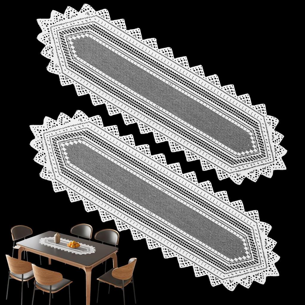 2 Pack 12.9x45.7 Inch Lace Rectangular Table Runner,White Dresser Scarf Doilies,Coffee Table Runner for Bedroom Furniture, Home Decor