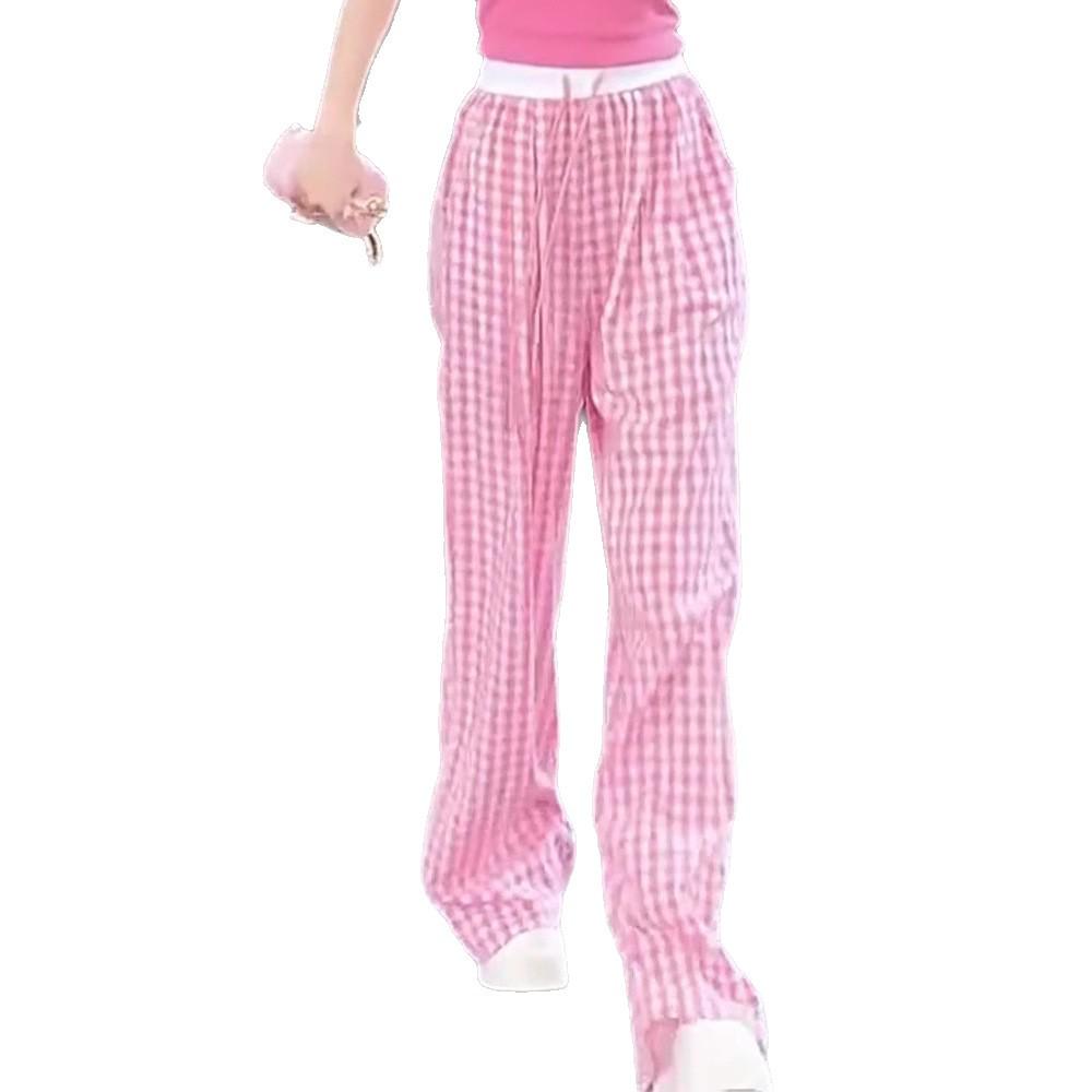 Women's Pink Plaid High-Waist Wide-Leg Pants - 2025 Collection