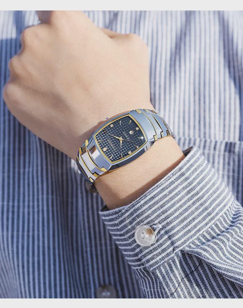 TAISIGE Men's Black Steel Quartz Watch with Square Grid Dial and Calendar