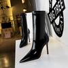 Fashion 2025 Shiny Patent Leather Mid-Calf Boots Women Pointed Sexy Black Party Boots Warm Stretch High Heels Ladies Botas Mujer Autumn