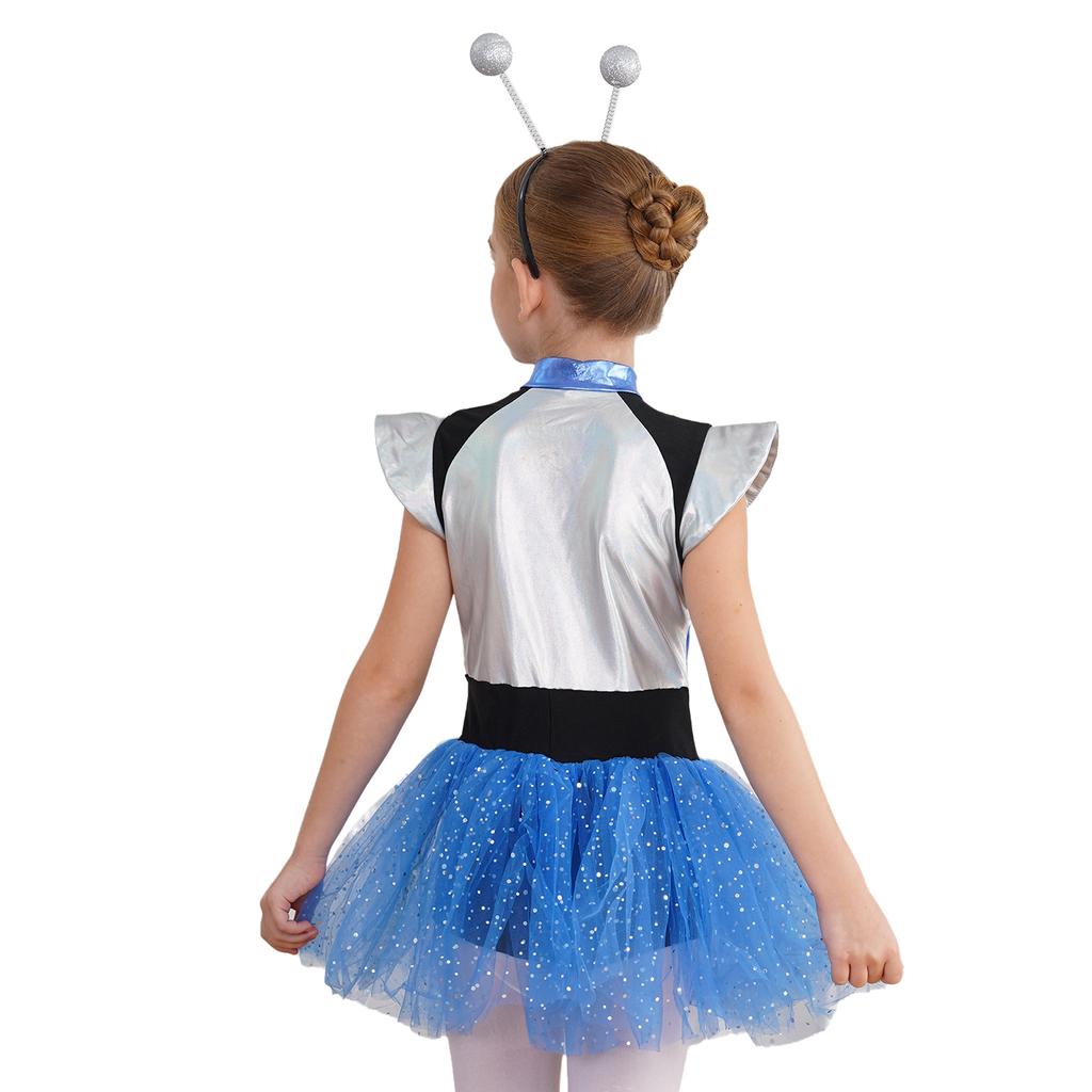 Kids Alien Cosplay Costume Short Sleeve Patchwork Shiny Spangles Dress Bodysuit with Alien Hair Hoop Set for Halloween Party Performance