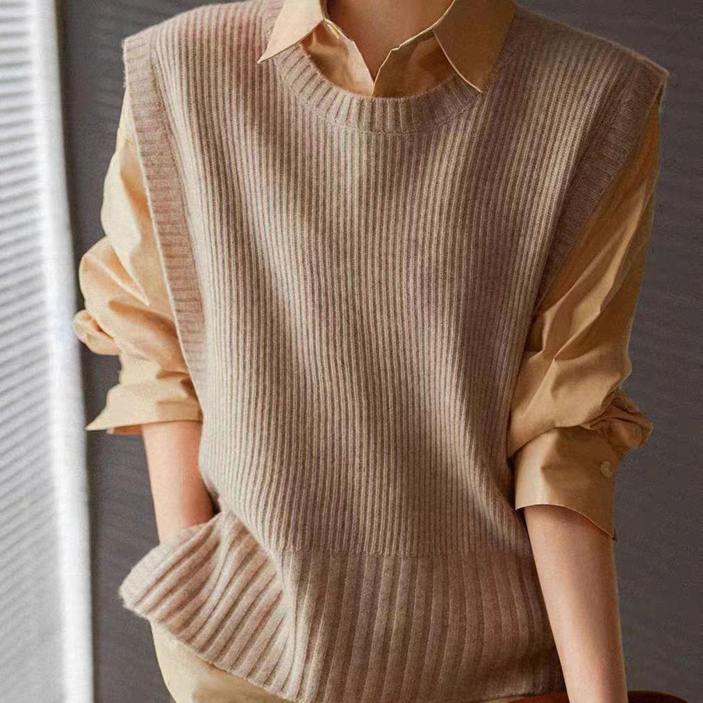 Women's Round Neck Pullover Knitted Vest Loose Casual Outerwear Sleeveless Cardigan Vest Outer Wear Lazy Style Top