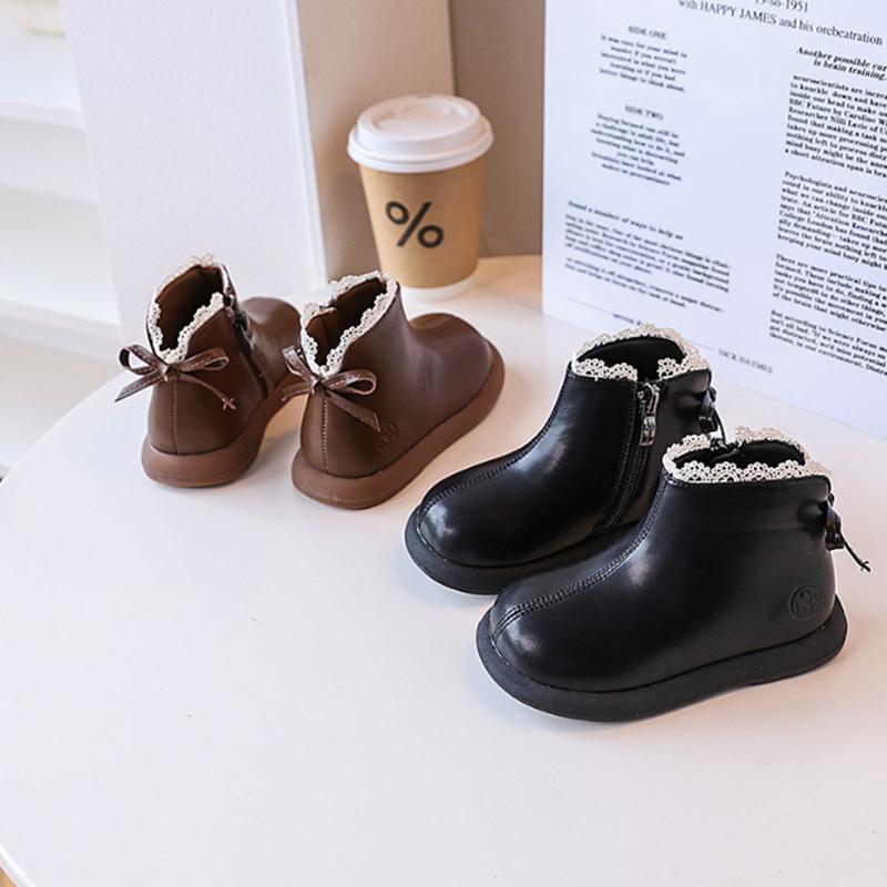Autumn Children Boots Leather Girls Ankle Boots Lace Butterfly-knot Rubber Sole Toddler Kids Boots EU 21-30