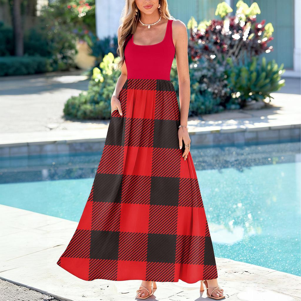 Ladies' Plaid Printed Summer Casual and Fashionable Sleeveless Long Dress