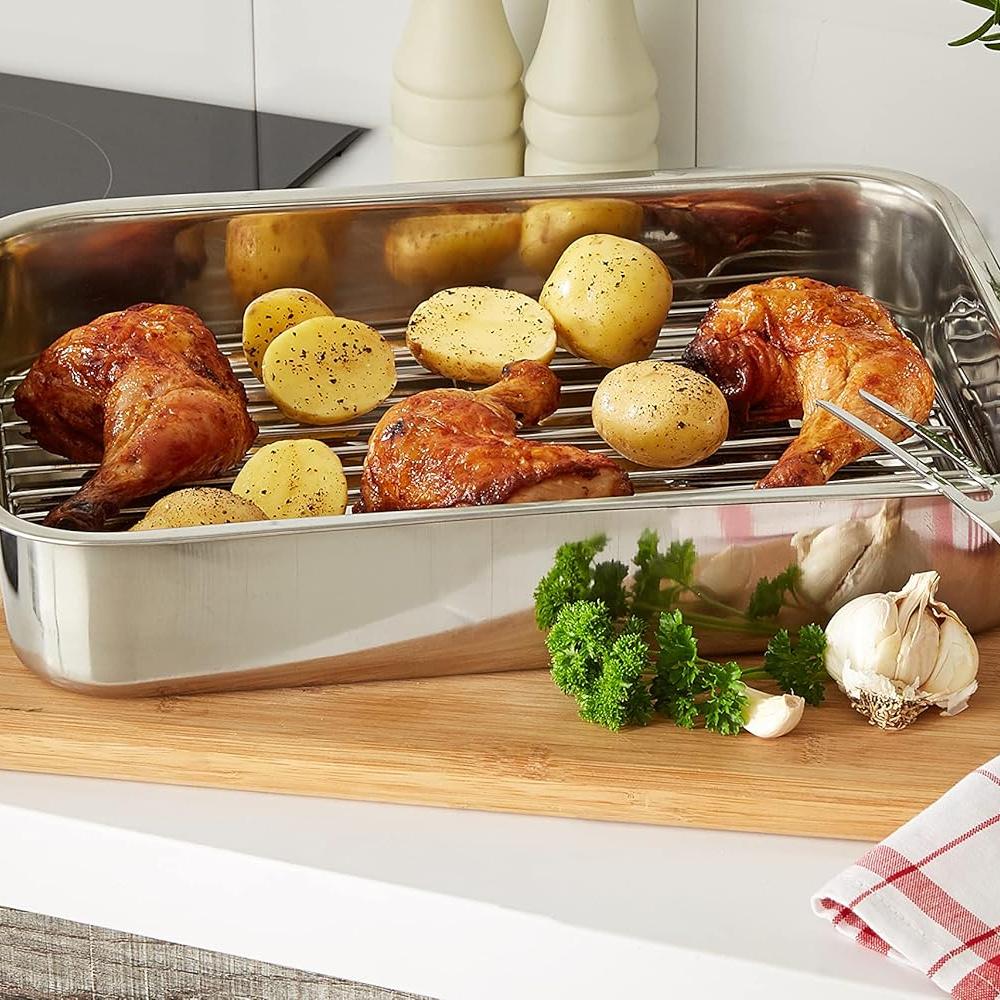 1 Set Stainless Steel Roasting Tin with Rack Perfect for Roasting Large Amounts of Meat or Vegetables for Christmas Kitchen Tool