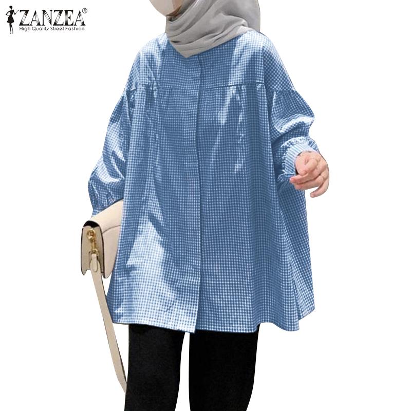 

ZANZEA Женская повседневная блузка на пуговицах с круглым вырезом и клетчатым принтом