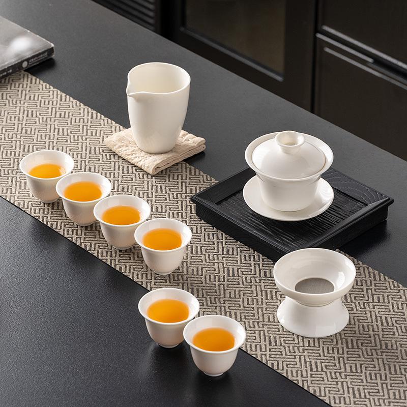 Light Luxury Suet Jade White Porcelain Cover Bowl Kung Fu Tea Set, Complete Set of Office Business Gifts, Gift Boxes, Boutique Products