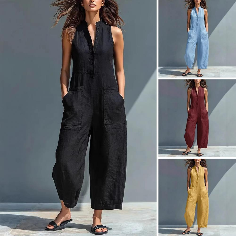 Tuta estiva da donna in cotone e lino senza maniche con bottoni, colletto alla coreana, vestibilità ampia, pezzo unico, tute con pantaloni lunghi a gamba larga, salopette con tasche