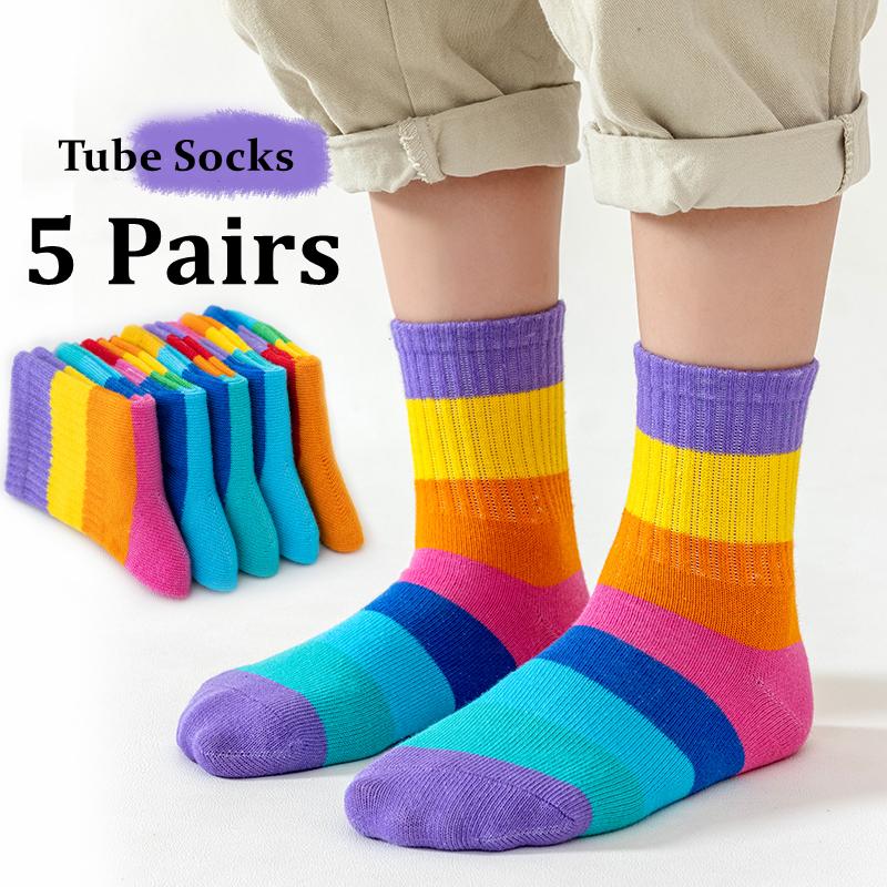 

5 Pairs/Lot Children s Rainbow Socks Spring Autumn Coft Cotton Cute 7 Color Rainbow Stripes Boys Girls Sports Tube Socks to 1-12 S