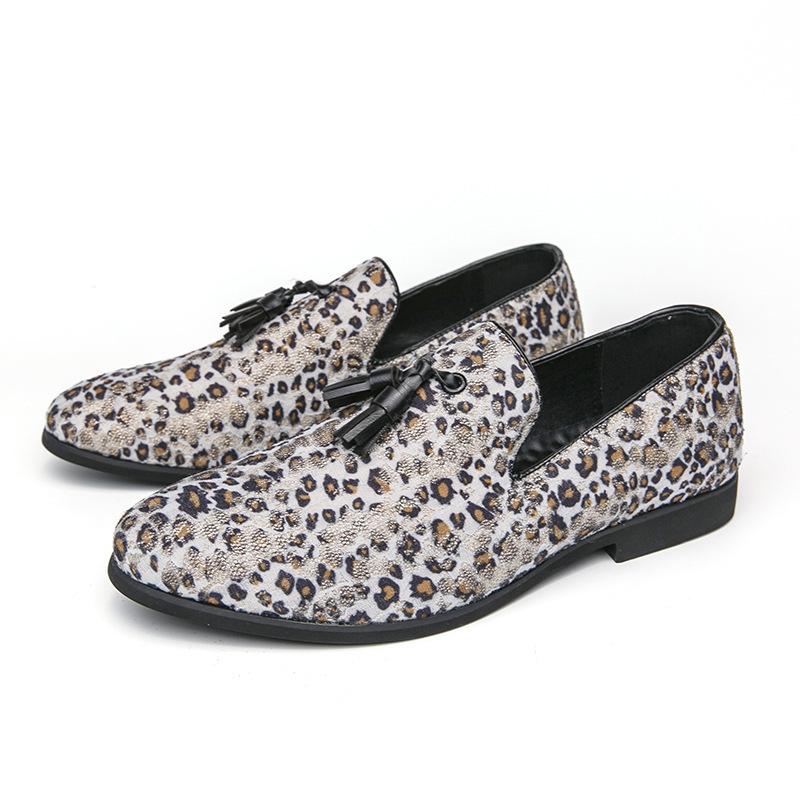 Large size foot-fitting men's loafers 46 men's shoes fringed leopard print leather shoes men's one-pedal casual shoes men