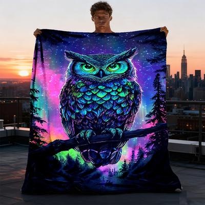 1pc Neon Owl Art Print Throw Blanket Polyester Fiber, Lightweight Flannel, Soft & Warm, All Season Use for Outdoor, Camping
