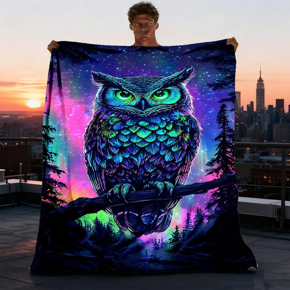 1pc Neon Owl Art Print Outdoor Blanket - Lightweight Flannel Throw For Travel, Camping, Livingroom, Couch, Chair Yy251114206
