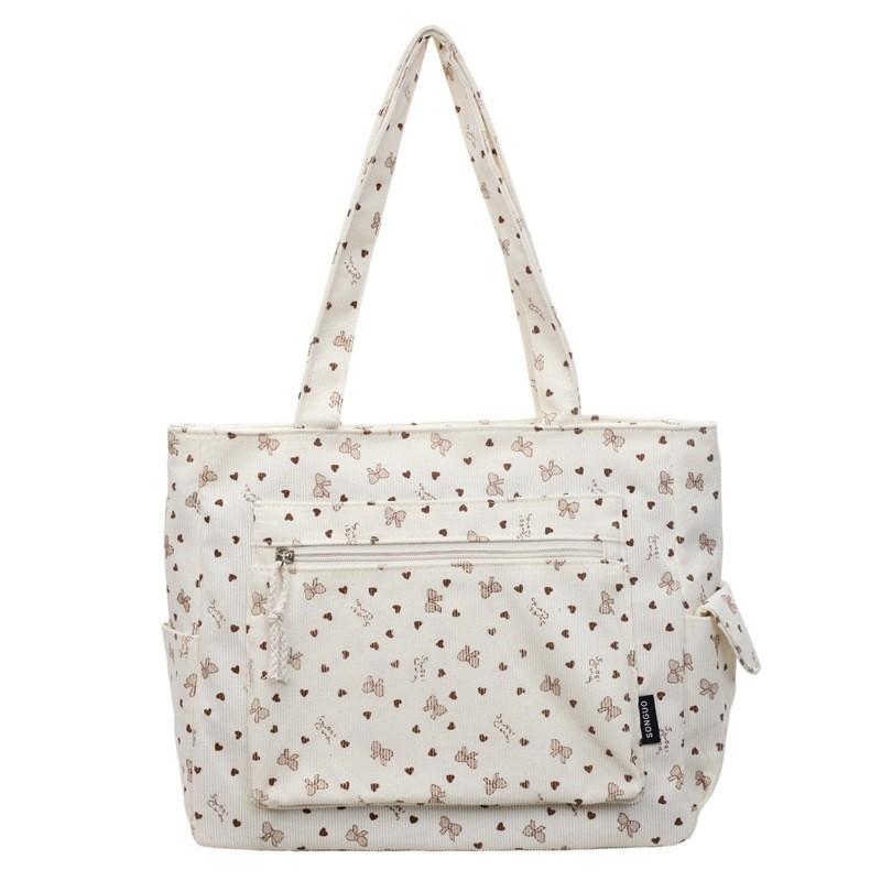 Large Capacity Cotton Corduroy Tote With Multiple Pockets For Casual Daily Carry