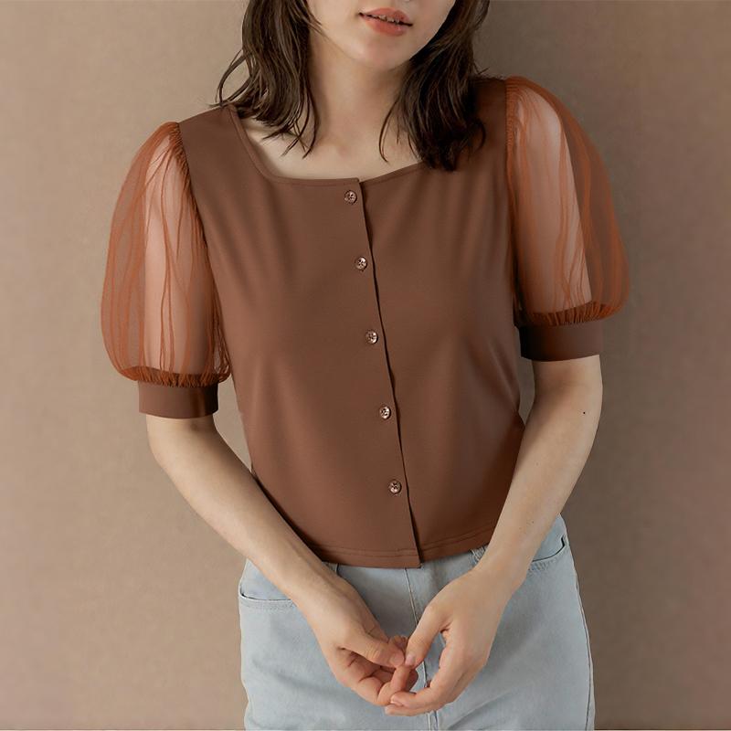 ZANZEA Women Casual Square Neck Mesh Patchwork Half Sleeve Blouse