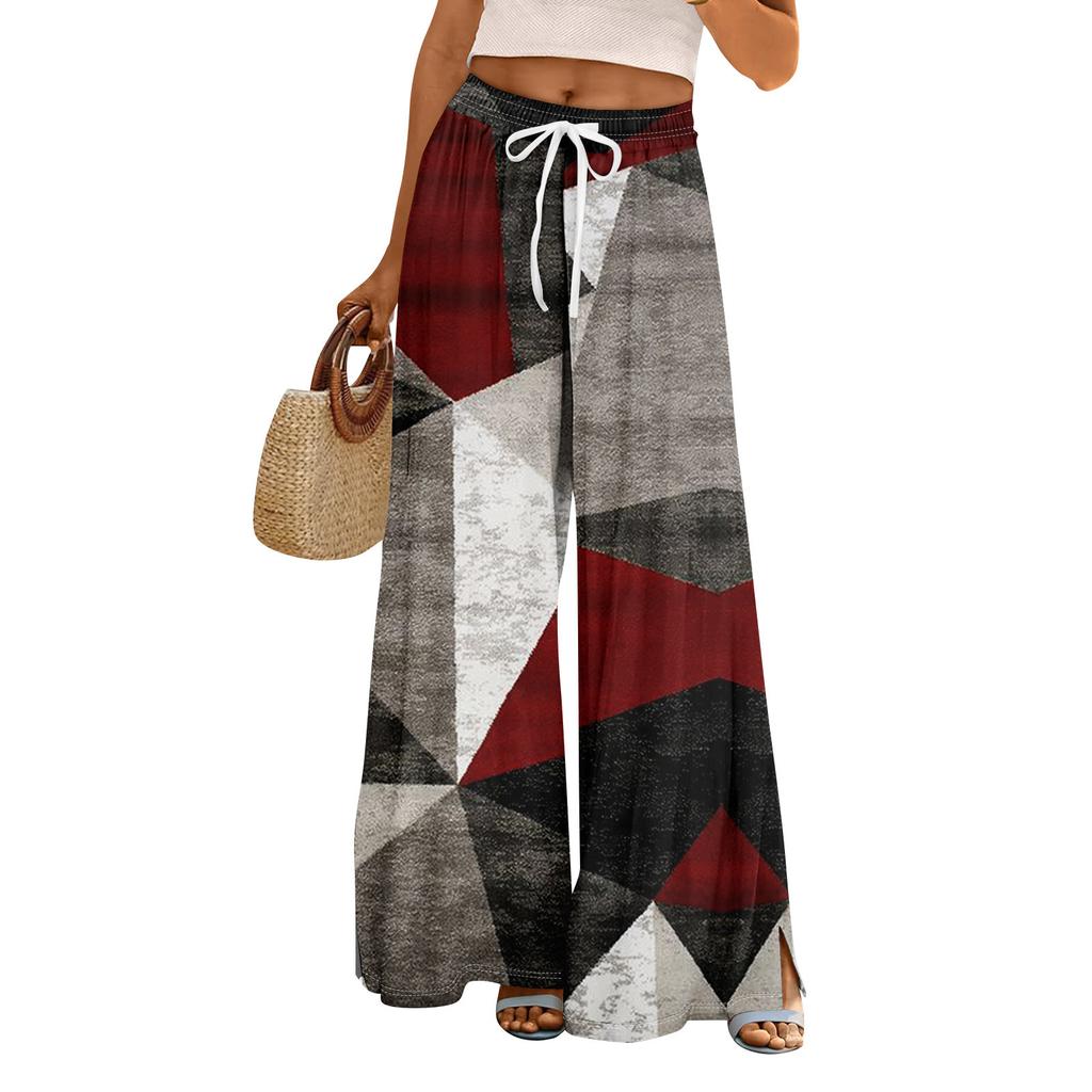 Women Summer Boho Palazzo Pants High Waist Wide Leg Floral Printing Casual Trousers With Pockets
