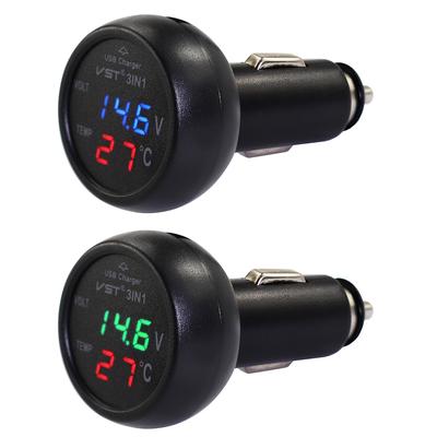 3'ü 1 Arada USB Araç Şarj Cihazı LCD Dijital Çift Ekran 12V/24V Oto Voltmetre Termometre Dijital LED Araç Voltmetresi Termometre