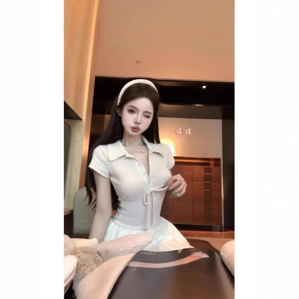 Koreańska morelowa sukienka z kołnierzykiem polo, krótkim rękawem, dopasowana, patchworkowa, dla kobiet