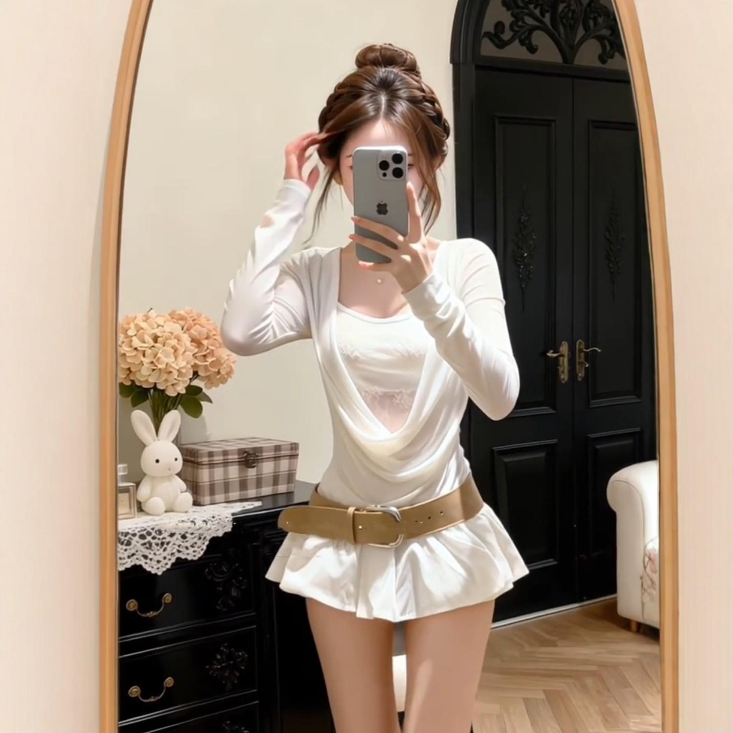 

French White Lace Patchwork Two-Piece Set: Long Sleeve Top & High Waist Skirt for Women - Autumn Collection M