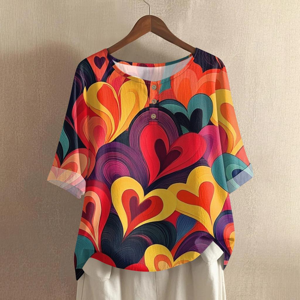 Damska casualowa i wygodna bawełniano-lniana bluzka z okrągłym dekoltem, średniej długości, z modnym nadrukiem