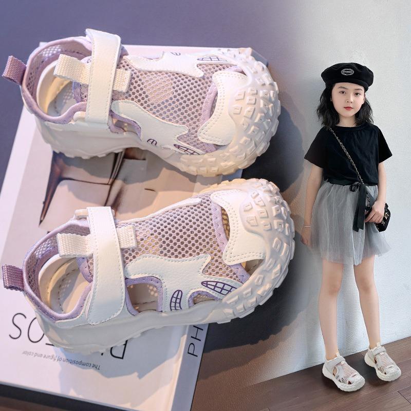 New Summer Kids Mesh Hollow Out Sports Sandals, Single Mesh Solid Color Girls Shoes