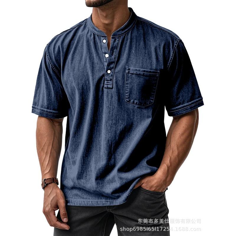 Mens Casual Washed Denim Henley Neck Short Sleeve T Shirt With Pocket
