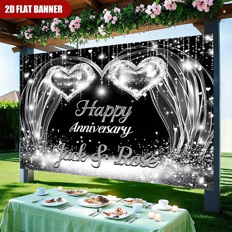2D Black Silver Glitter Anniversary Backdrop Cloth for Couple Party Photo Booth Background