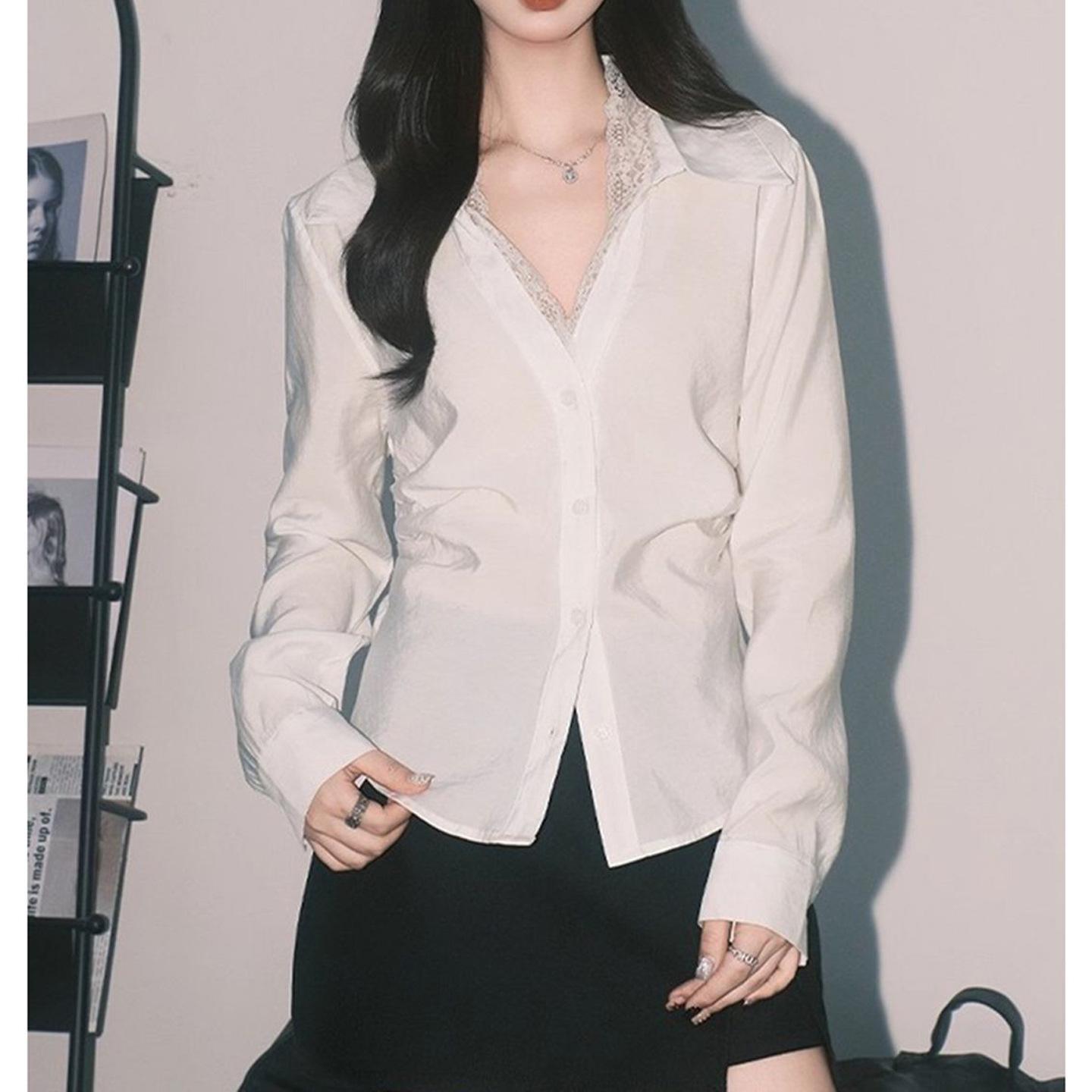 Women’s Long-Sleeve Lace Patchwork Polo, Mid-Length White Sun Protection Shirt for Spring/Autumn Medium белый