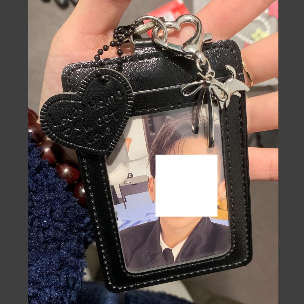 Černé pouzdro na studentskou ID kartu z umělé kůže se stříbrným přívěskem kočičí mašle, pouzdro na kampusovou kartu z umělé kůže, organizér na fotokarty ve stylu Kpop se šňůrkou