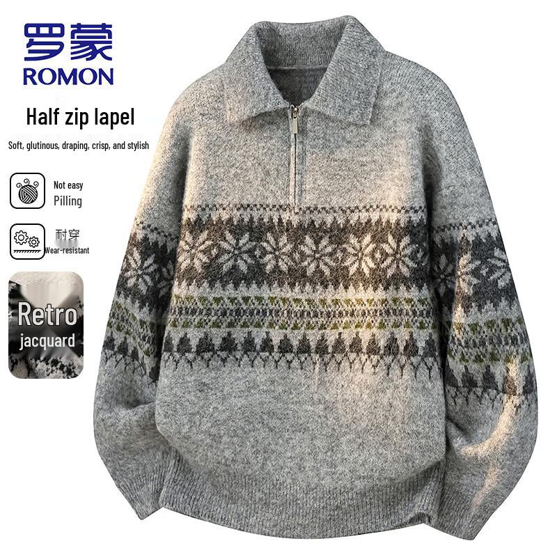 ROMON Vintage Jacquard Half-Zip Collared Knit Sweater