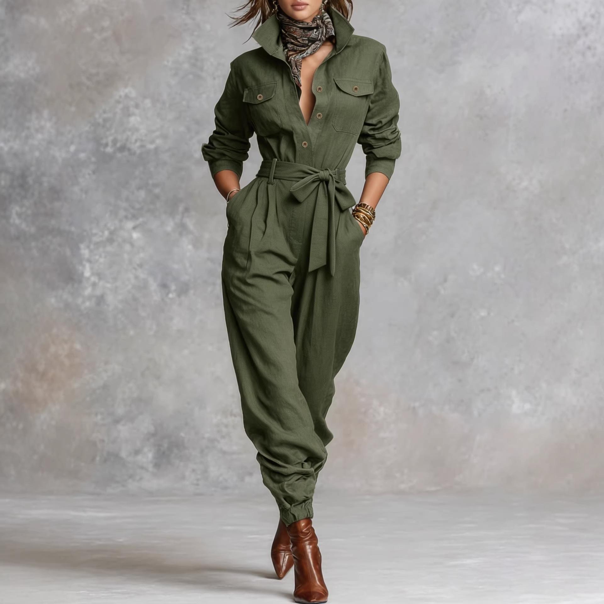 Spring and summer simple lapel lace-up jumpsuit single-breasted waist design commuter casual fashion women s jumpsuit XS