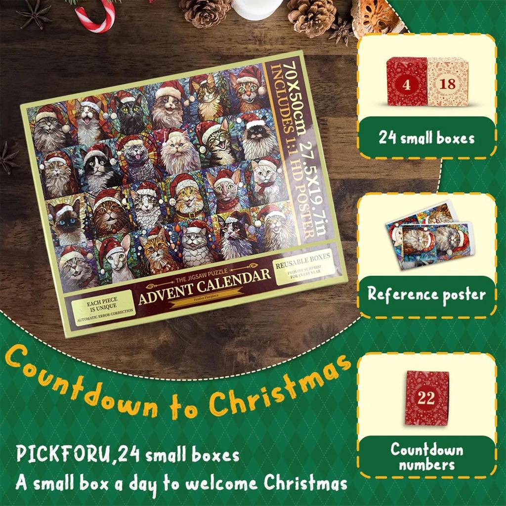 Christmas Advent Calendar Jigsaw Puzzle 1000 Pieces Cat Animal Puzzle 24 Days Countdown Toy Family Home Holiday Party Favors