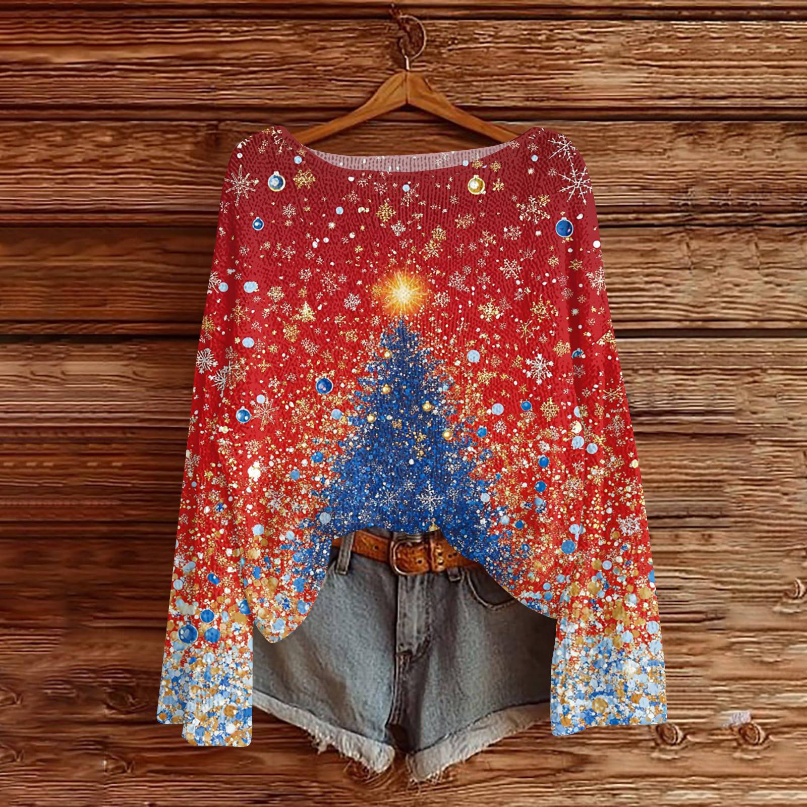 

Женский модный пуловер с круглым вырезом и длинными рукавами с рождественским принтом, повседневный топ-свитер M красный