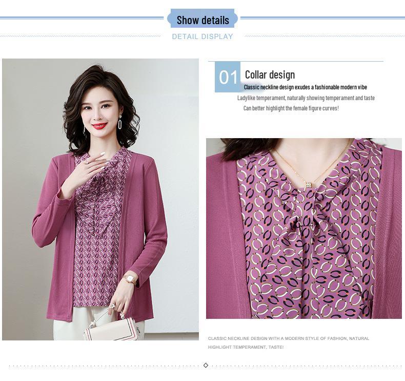 2026 Spring Floral Print Knit Top for Stylish Middle-Aged Women - Faux Two-Piece Design