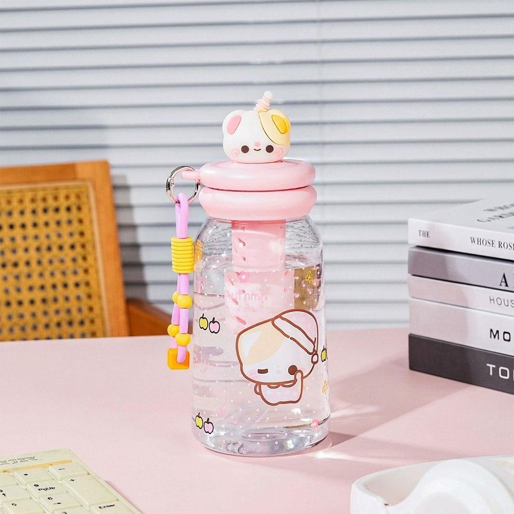 Cartoon Plastic Water Bottle 600ml with Handle Drinking Bottle Leakproof Straw Cup Summer