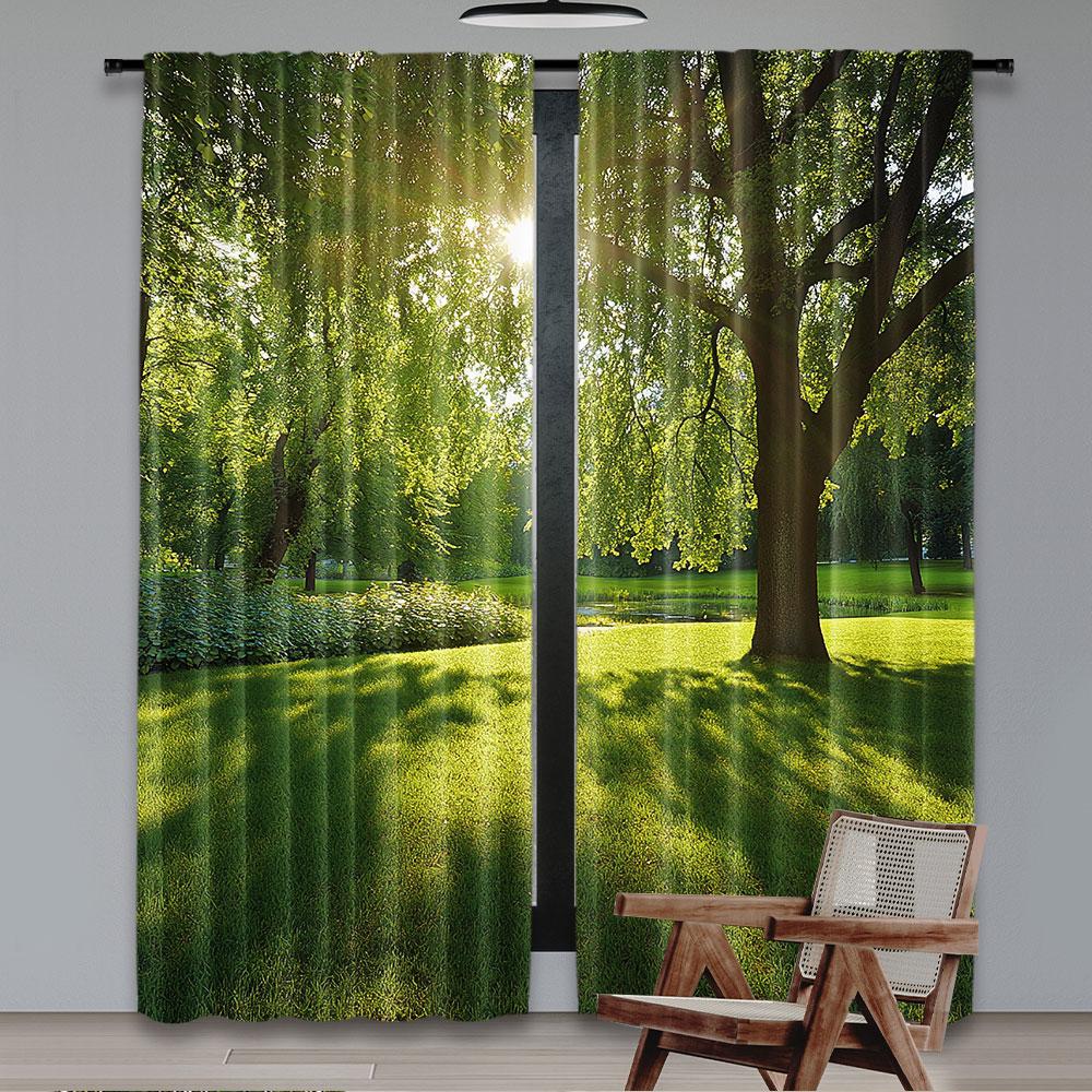 2Pcs Green Curtain Summer Park In Germany Trees Sunlight Forest Nature Scenic Outdoors Suitable For Bedroom Bathroom Living Room