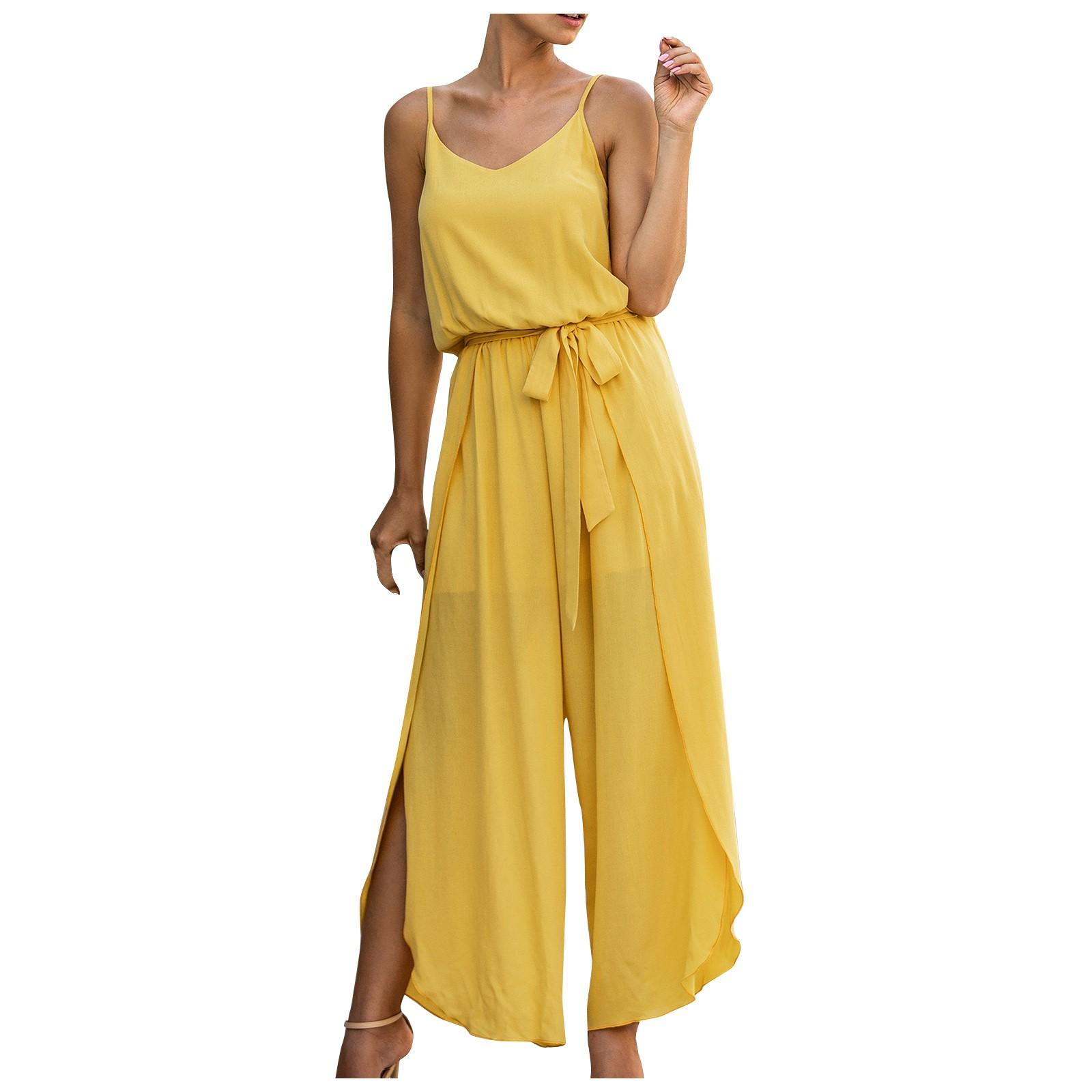 

(SU)Женские однотонные комбинезоны с v-образным вырезом и уздечкой, широкие брюки с боковым разрезом