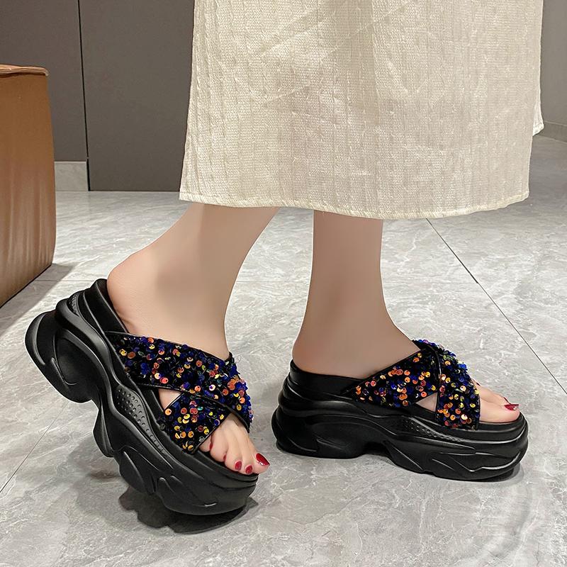 Fashion Ladies Sandals Woman 9CM Summer Open Toe Bling Sandal Dress Shoes Womens High Heels Sandals Platform Wedges Heeled Ladies