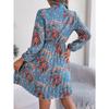 Women's Autumn and Winter Elegant Flower Lace-up Waist Long Sleeve Pleated Dress