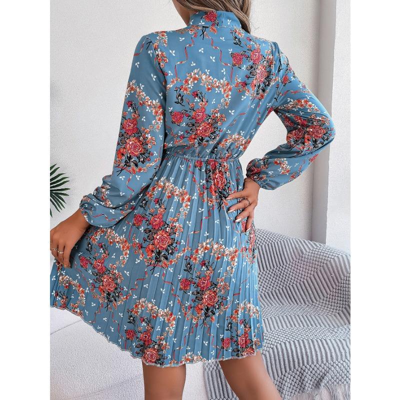 Women's Autumn and Winter Elegant Flower Lace-up Waist Long Sleeve Pleated Dress