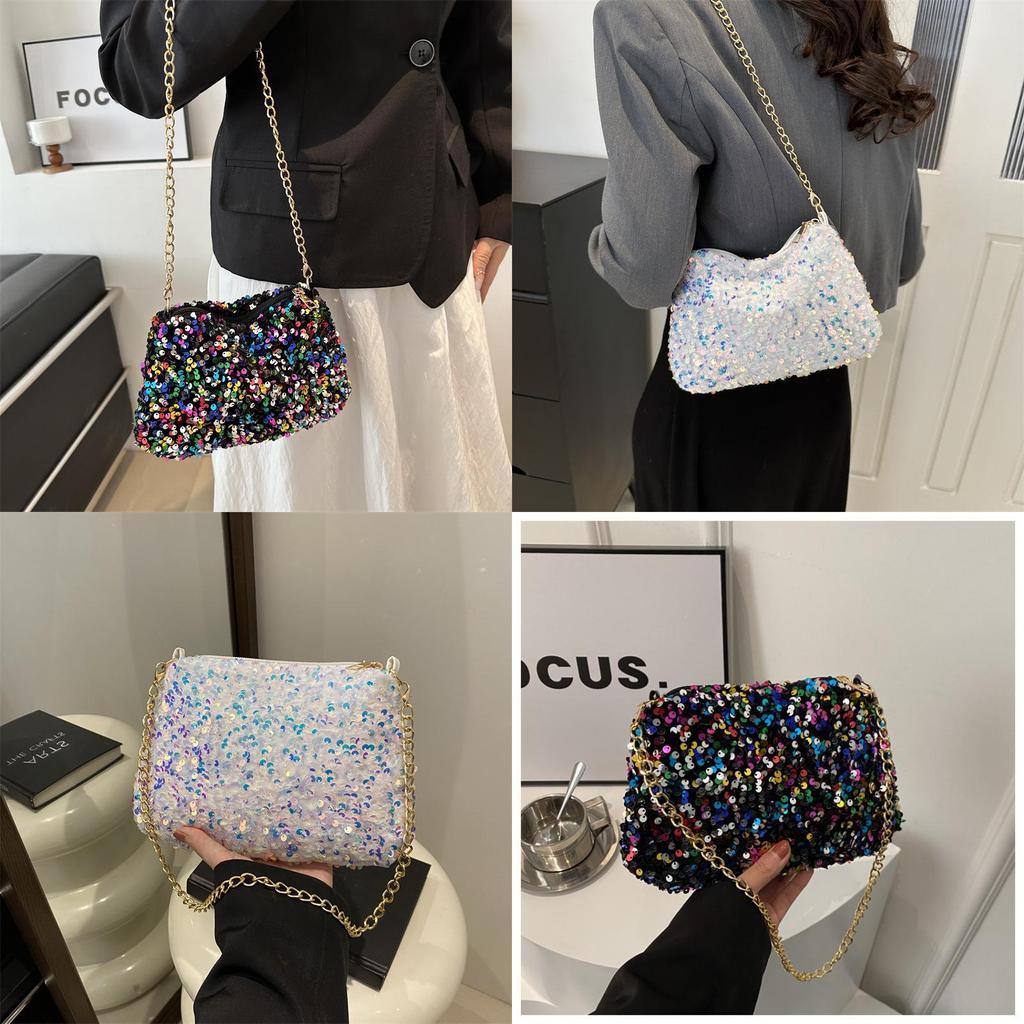 Black And White Sparkly Underarm Bag Women 2024 New Spring Nightclub Chain Small Square Bag Street Fashion