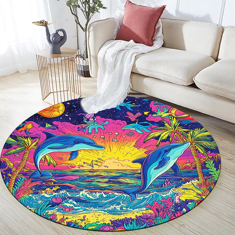 Dolphins Sunset Round Area Rug,Carpet Rug for Living Room Bedroom Sofa Playroom Decor,Non-slip Floor Mat