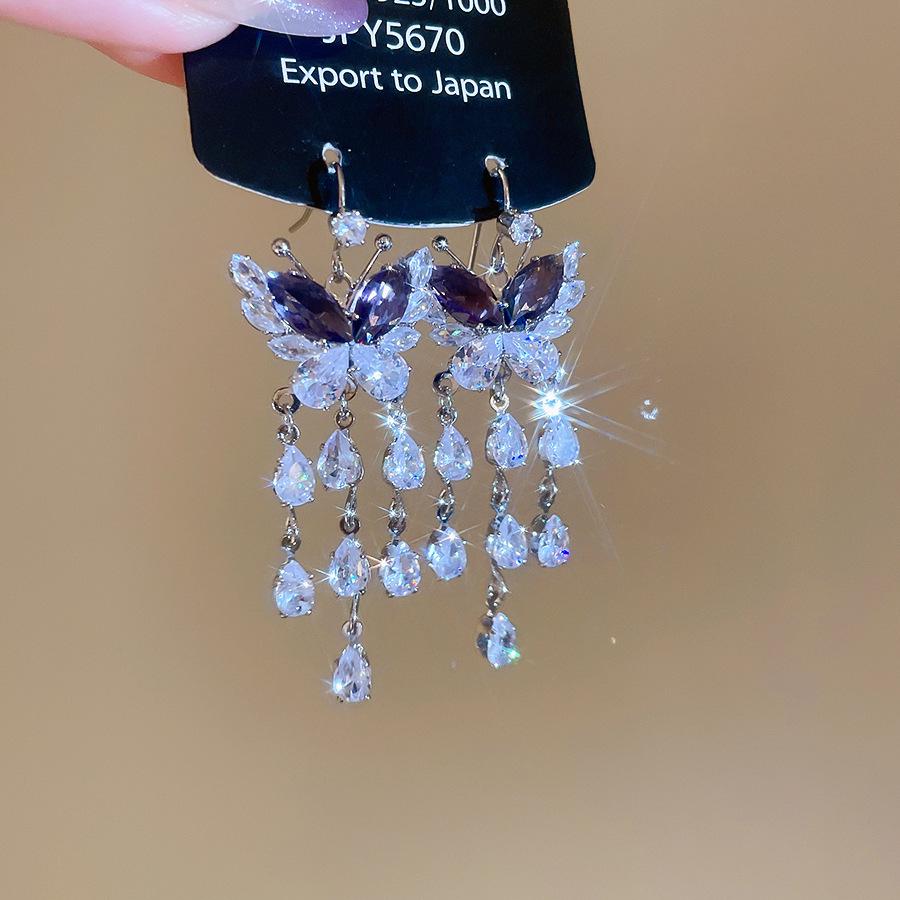 Korean Style Zircon Butterfly Water Drop Earrings - Light Luxury and Fashionable Stud Ear Jewelry