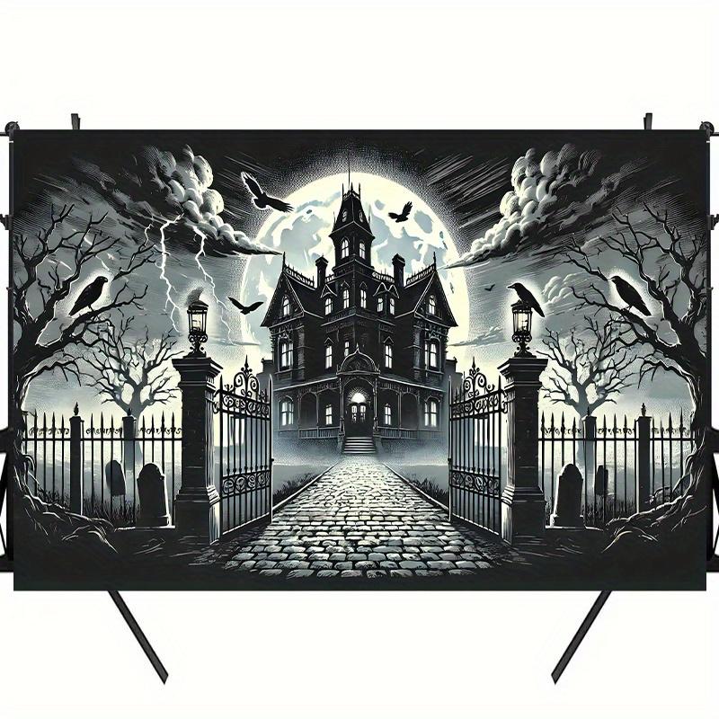 1pc, Haunted Manor Halloween Party Backdrop Fabric, Birthday Banner and Flag Supplies, Cake Table Party Decoration