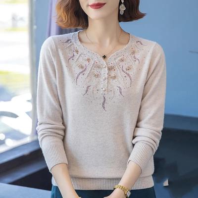 Herbst Winter Kaschmir Strickpullover mit Diamanten bestickt Damen Locker Übergroß Basis Pullover