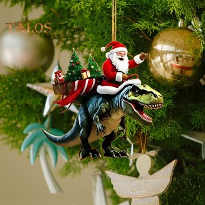 Christmas Pendant Santa Claus On Dinosaur Ornament 2D Flat Acrylic Hanging Decoration for Christmas Tree Mantel Decor