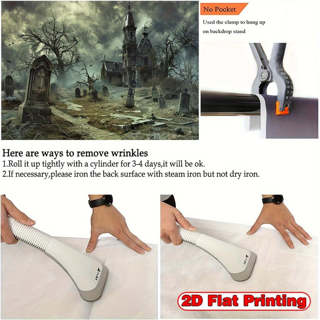 2D planar gothic cemetery and ghost castle background banner, featuring bats, tombstones and cemetery scenes