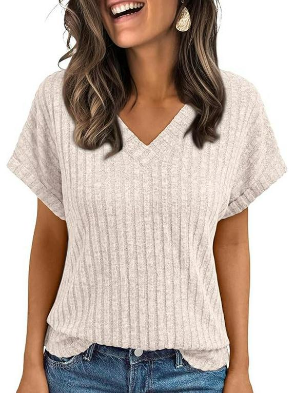 Europäische & Amerikanische Damen Sommer V-Ausschnitt Kurzarm Lässiger Pullover T-Shirt 2025