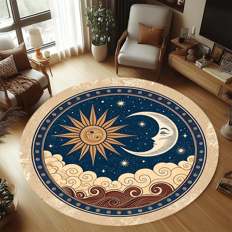 Round Sun Moon Carpet Starry Sky Rug Cloud Wave Mat Home Decoration Whimsical Cosmos Soft Floor Mat for Kids Room Decoration