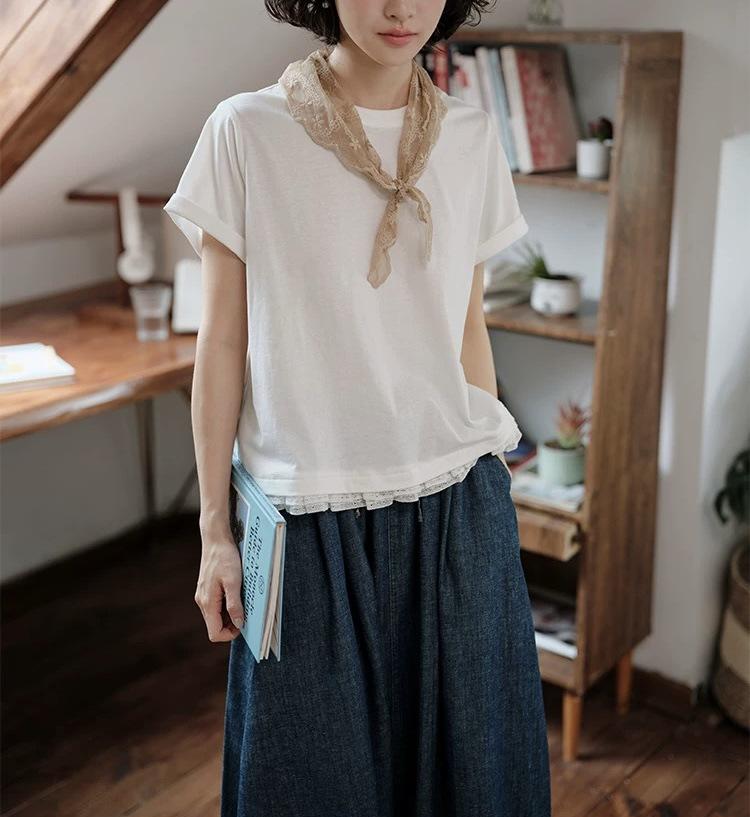 Women s Off-White Lace Short-Sleeve Top - Casual Japanese Literary Style for Summer Medium белый