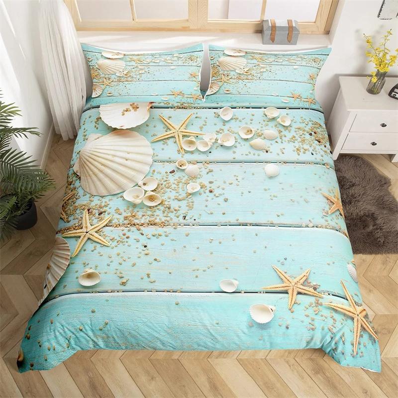 Summer Beach King Queen Duvet Cover Blue Ocean Fish Bedding Set Hawaiian Sea Palm Trees Quilt Cover Marine Life Comforter Cover